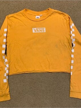 Vans Yellow Cropped Long-Sleeve Tee with White Checkerboard Sleeves
